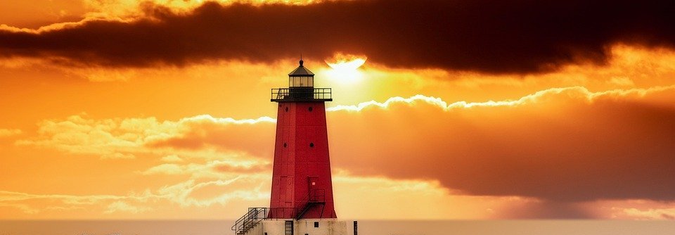 lighthouse, evening sun, evening sky