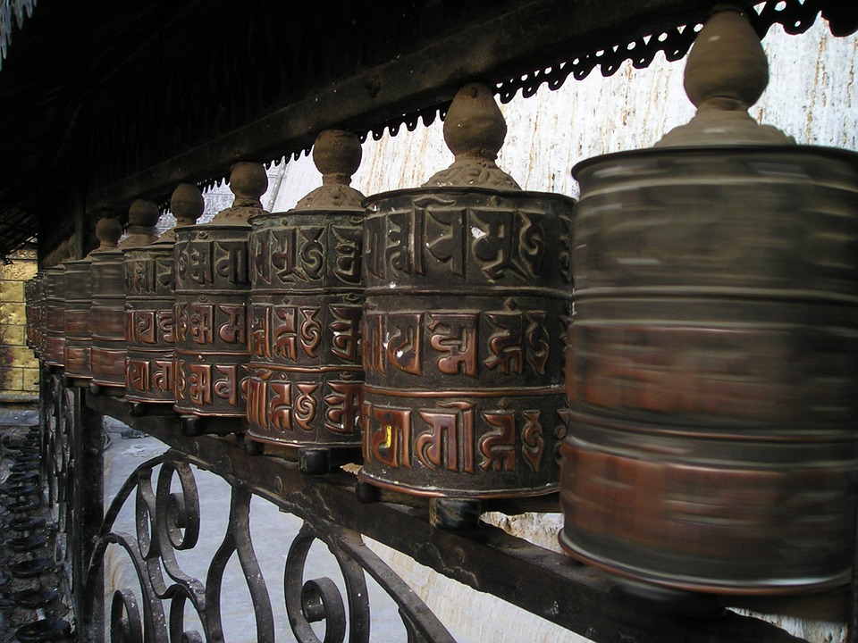 prayer wheels, buddhism, nepal