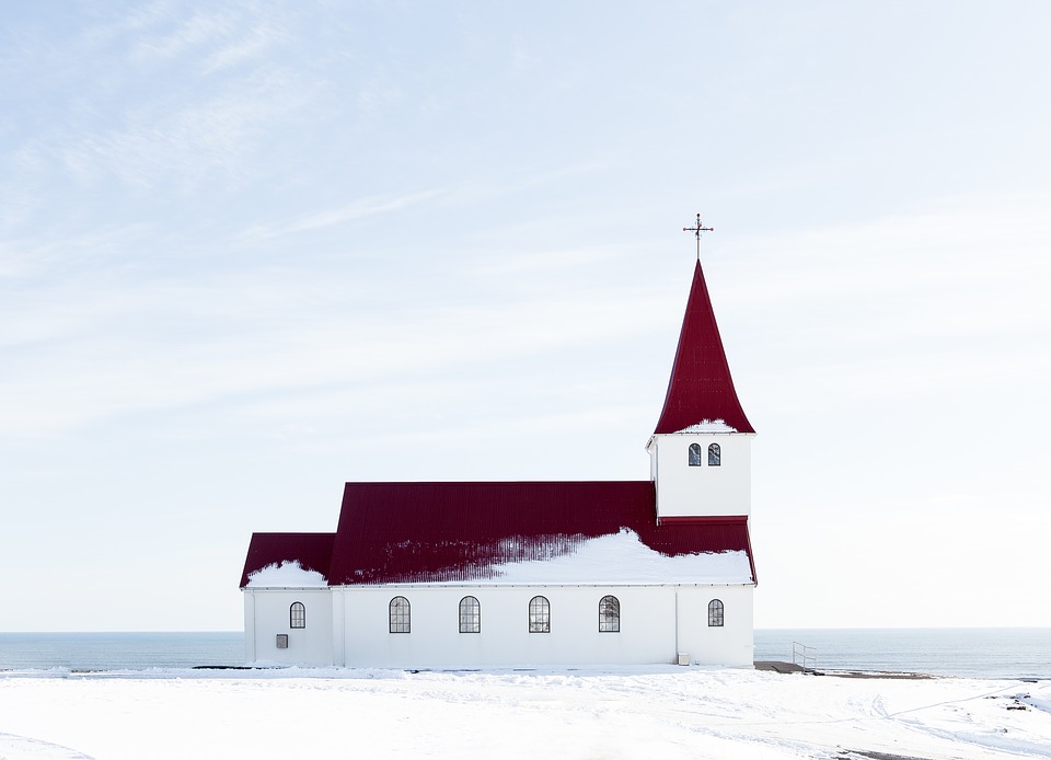 church, snow, winter