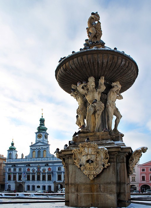 fountain, town hall, czech budejovice