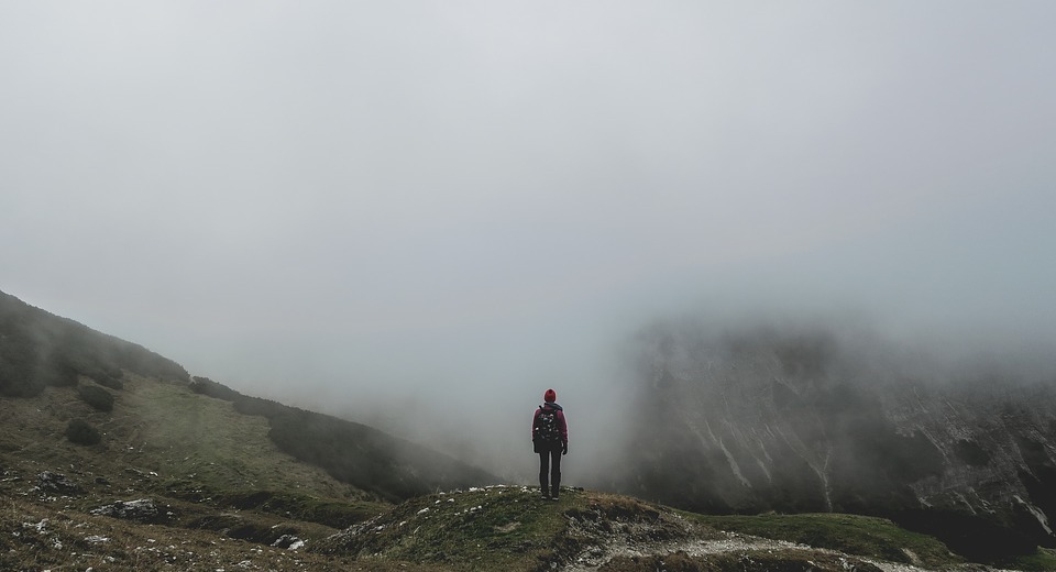 backpacker, mountains, fog