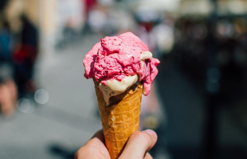ice cream, cone, strawberry