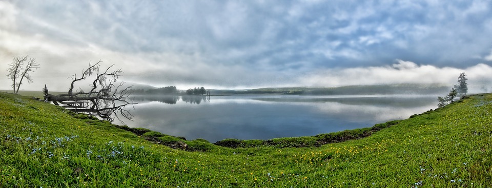 panoramic landscape, a small lake, morning mist