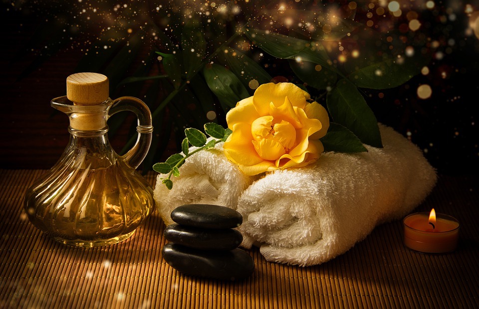 spa, massage oil, towels