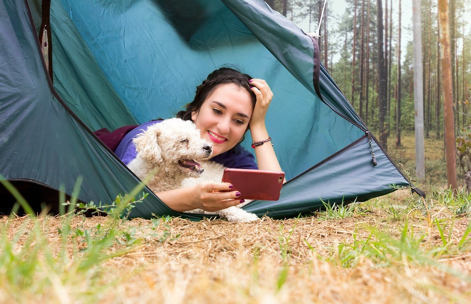 camping, woman, dog