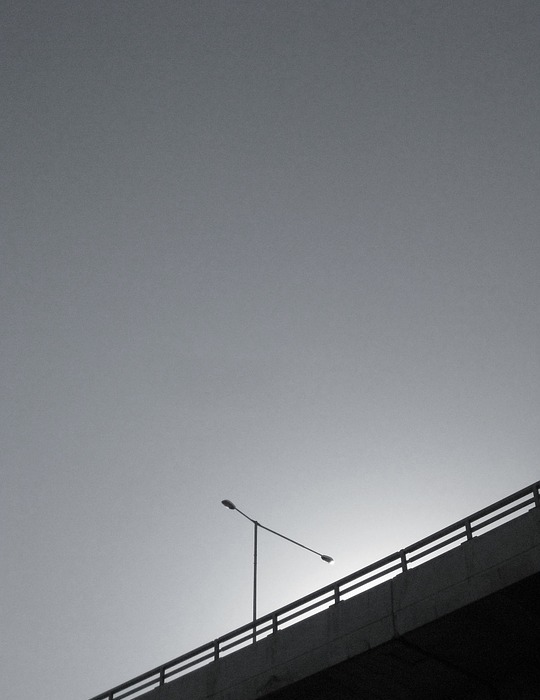 overpass, lamp post, black and white