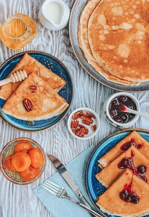 pancakes, breakfast, flat lay