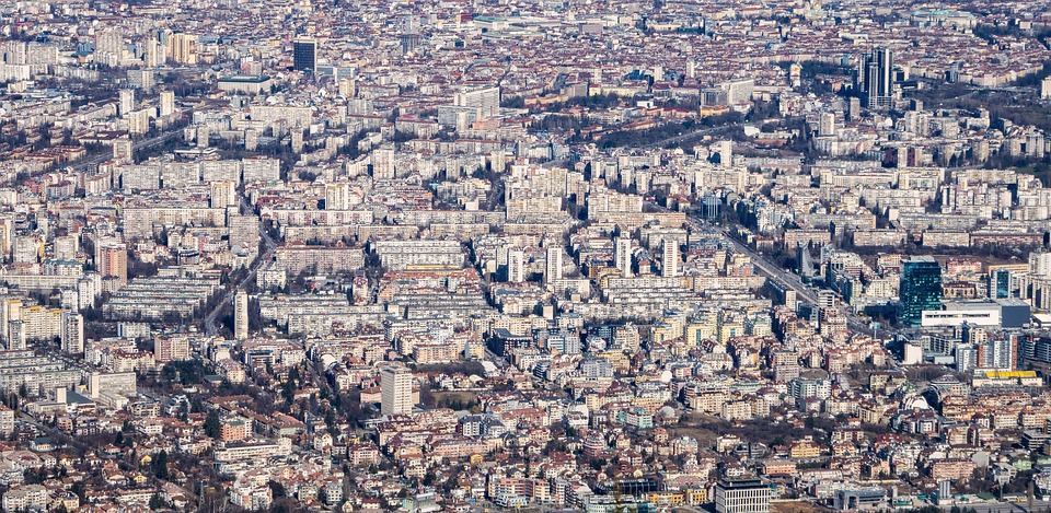 aerial view, crowded, urban