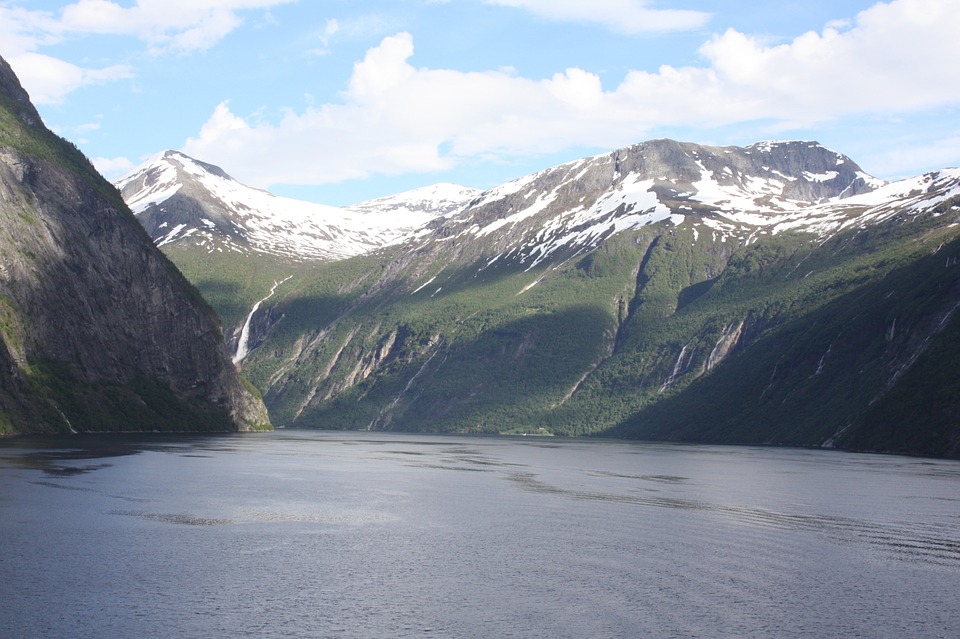 geirangerfjord, snowy mountains, water