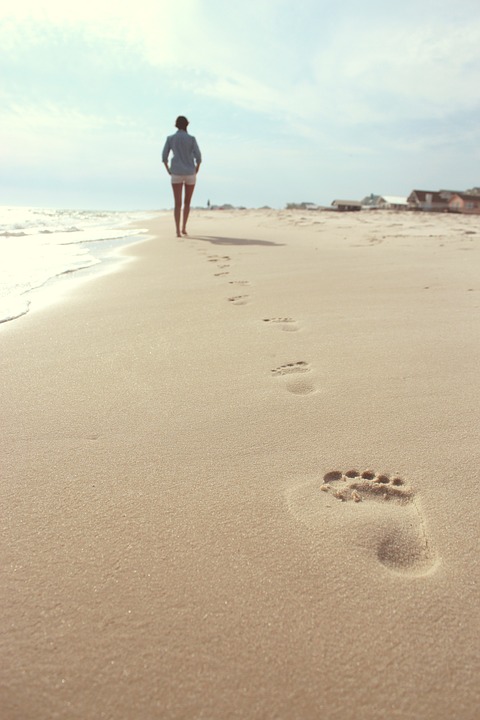 beach, woman, footprints