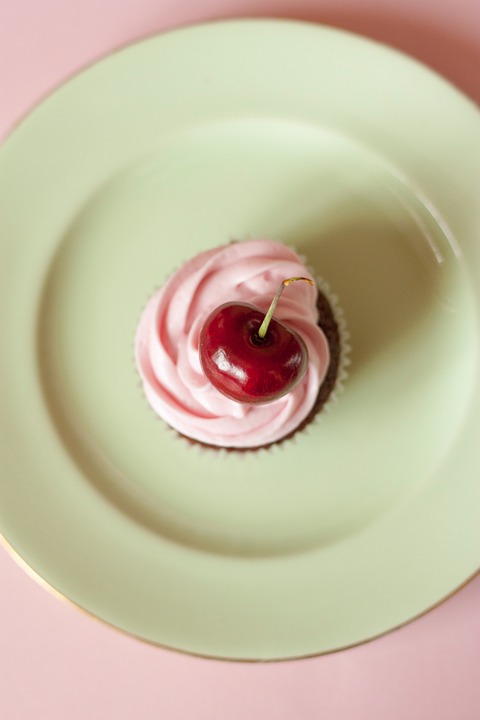 cupcake, icing, cherry