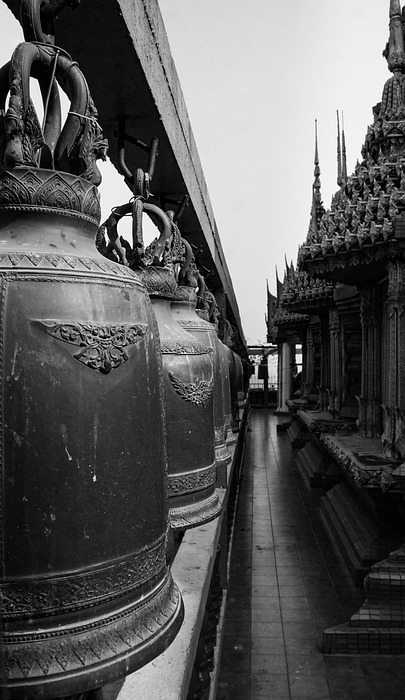 bell, black and white, tiger cave temple
