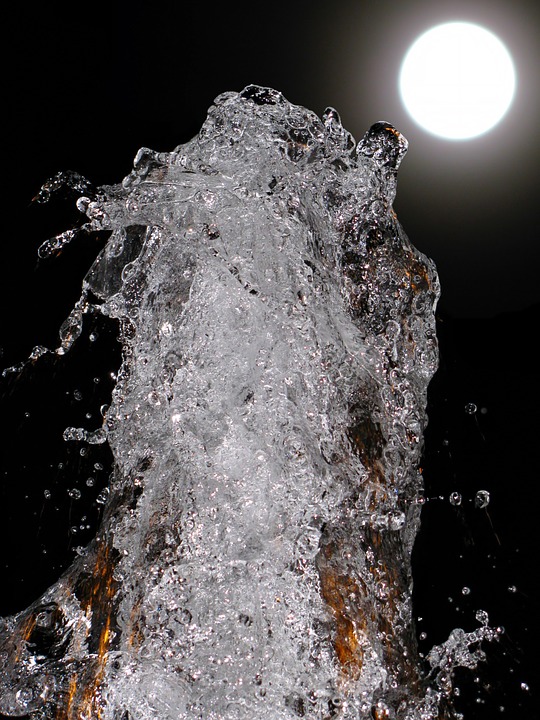 fountain, water, moon