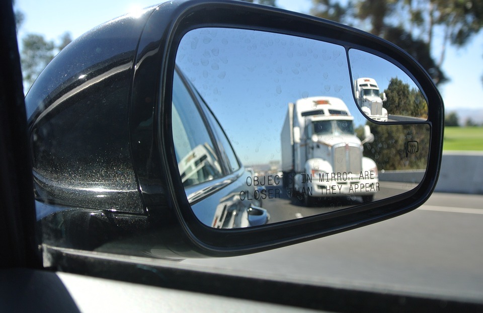 rear view mirror, driving, truck