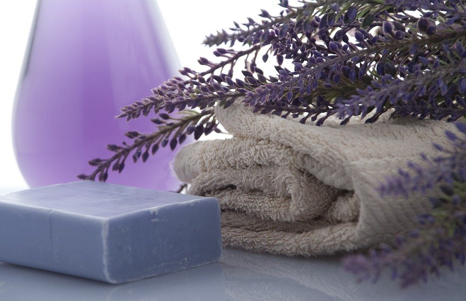 lavender, soap, towels