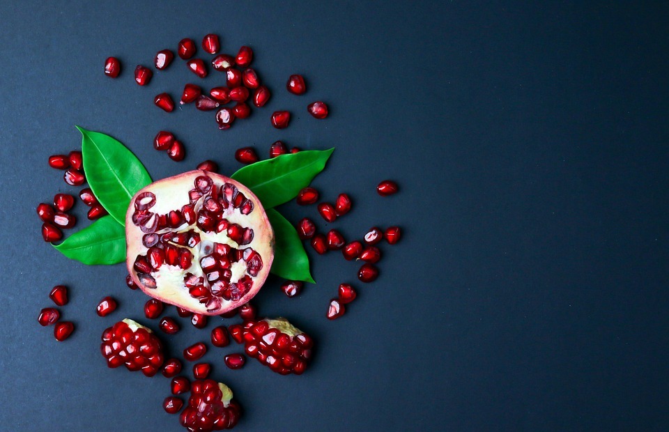pomegranate, seeds, flat lay
