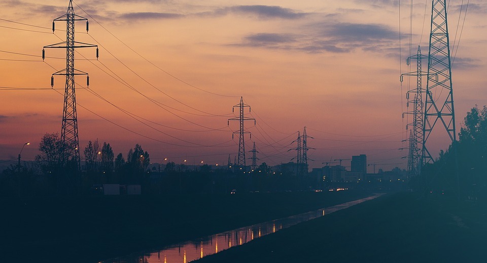 sunset, dusk, power lines