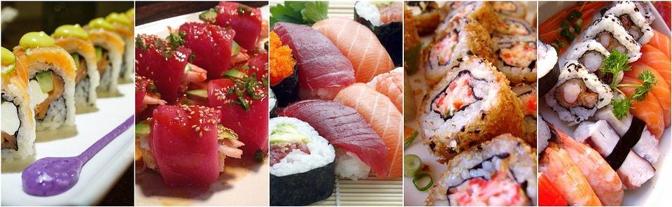 sushi, collage, food