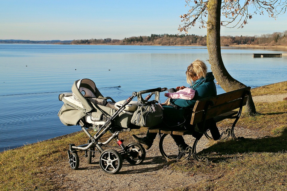 baby carriage, nature, water