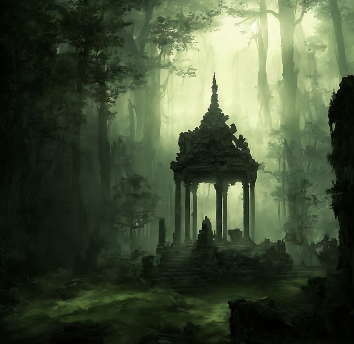 temple, ruins, trees