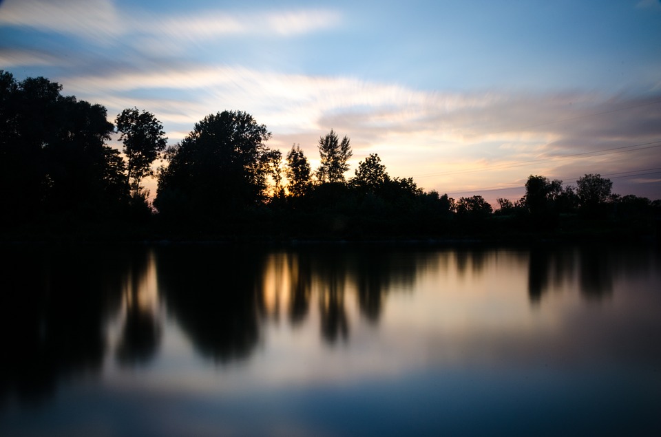 silhouette, lake, trees
