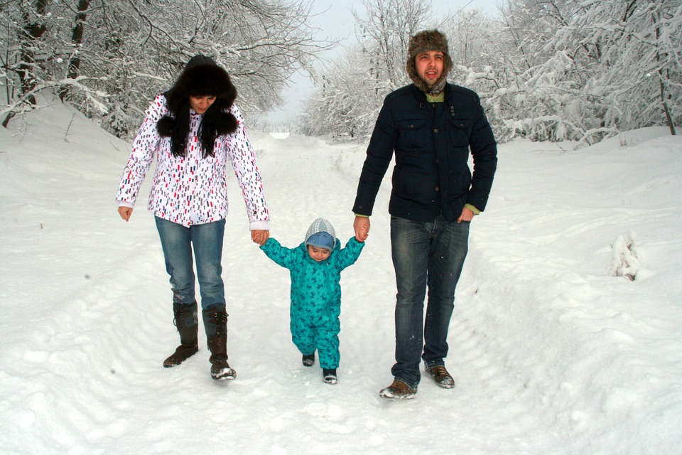 baby, family, snow