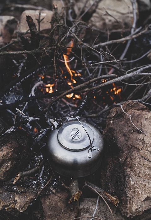 campfire, camping, teapot