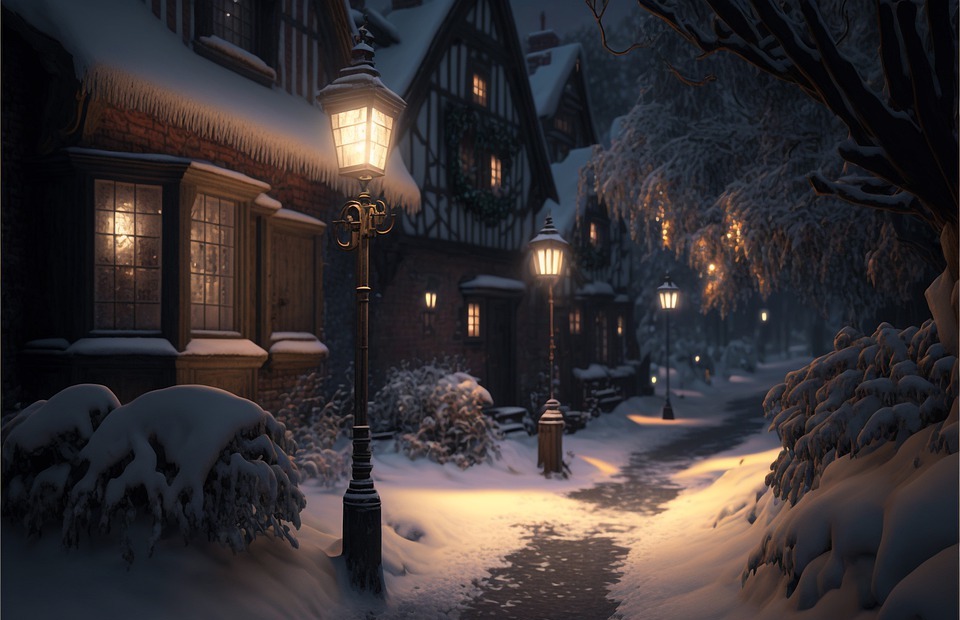 snowy, night, village
