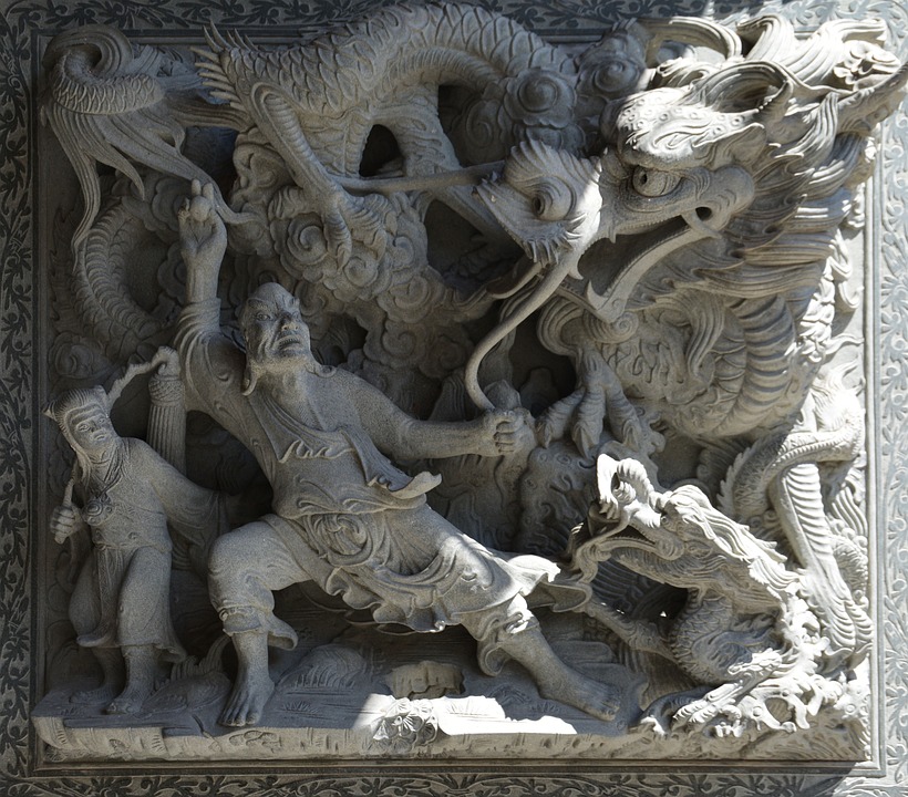 sculpture, dragon, fight scene