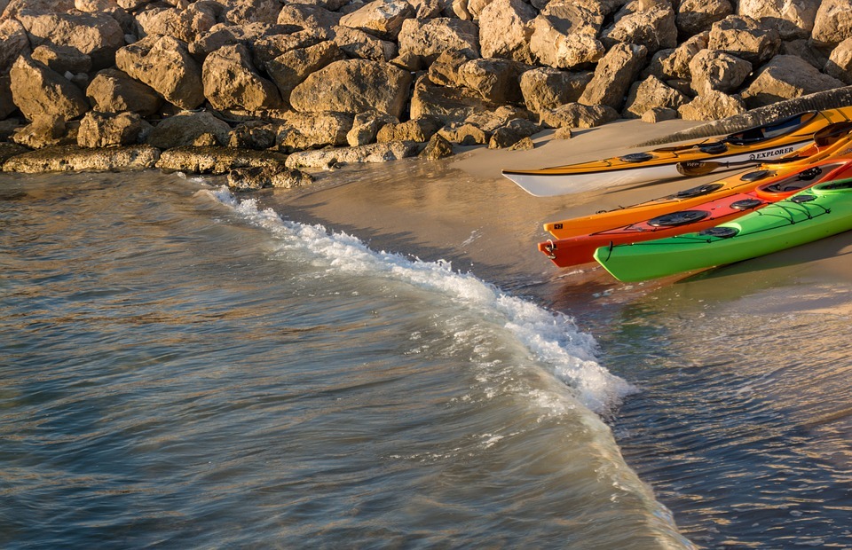kayaks, beach, shore