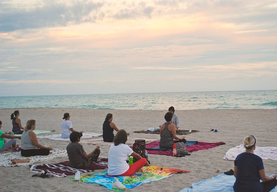 yoga, beach, sunset