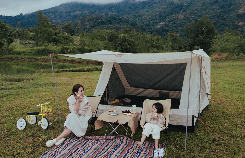 picnic, camping, mother and child