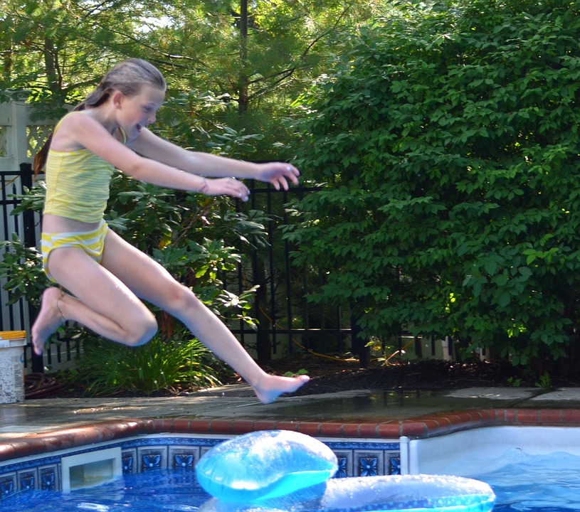 girl, swimming pool, jump
