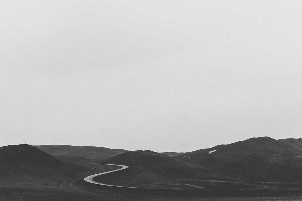 landscape, road, black and white