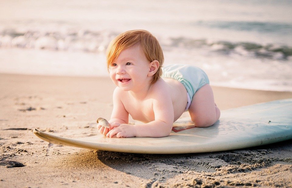 surfing, baby, beach