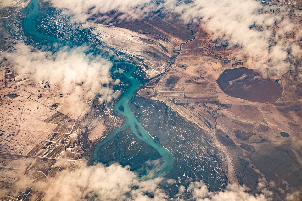 aerial view, river, clouds