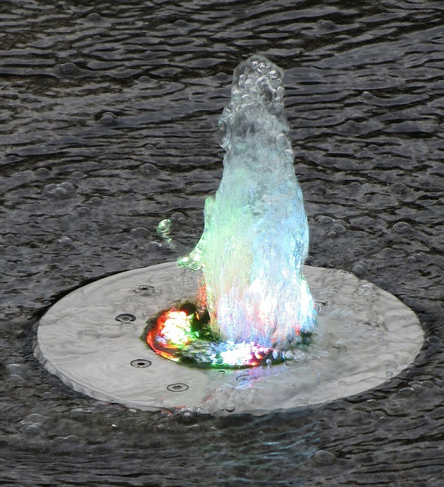 fountain, water, lamps