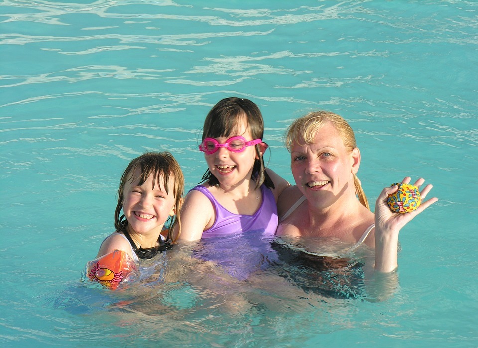swimming, mother and daughters, pool