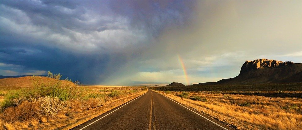 desert, road, rainbow