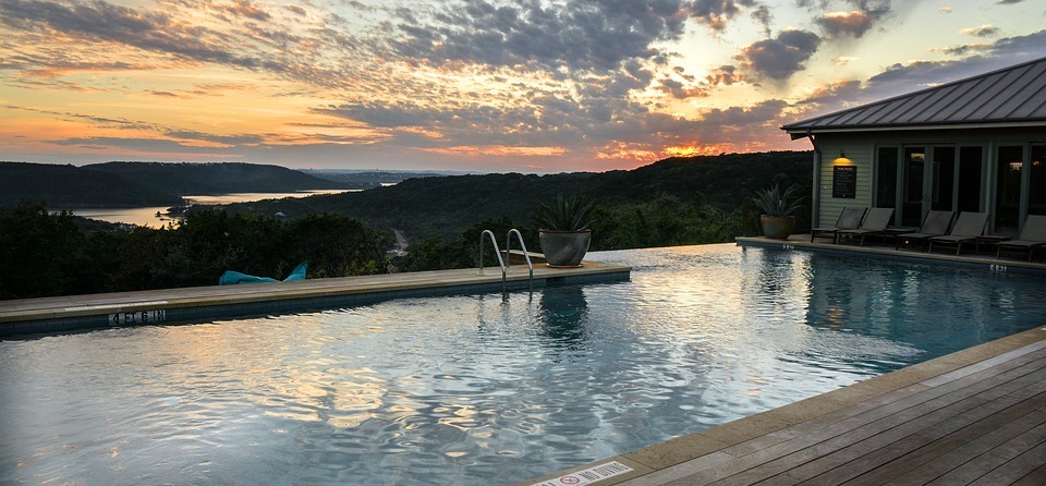 swimming pool, sunset, spa