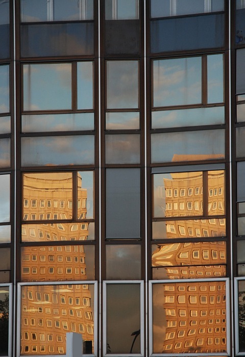 reflections, windows, building