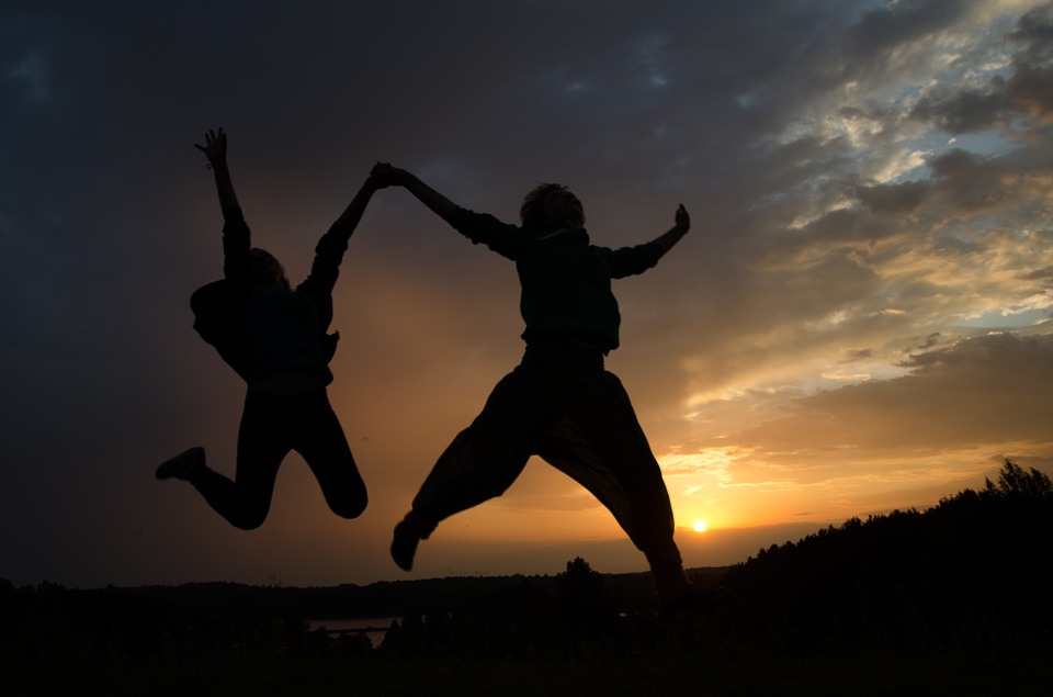 jump, silhouettes, happy