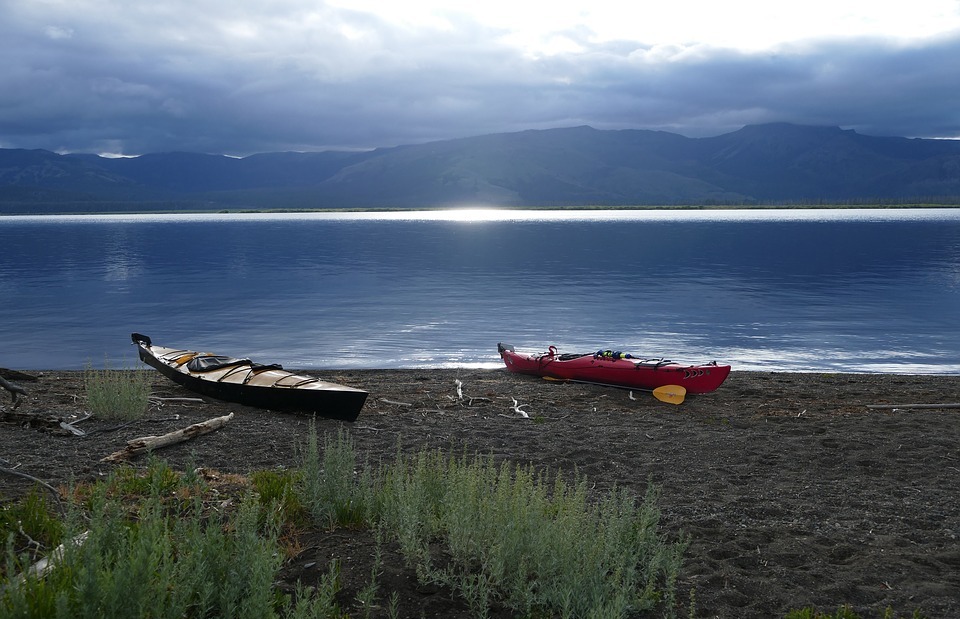 kayaks, beached, lake