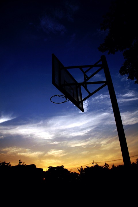 basketball hoop, basketball, in the evening
