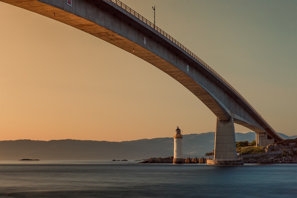 bridge, lighthouse, sunset