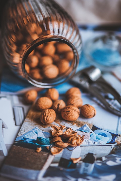 walnuts, nuts, jar
