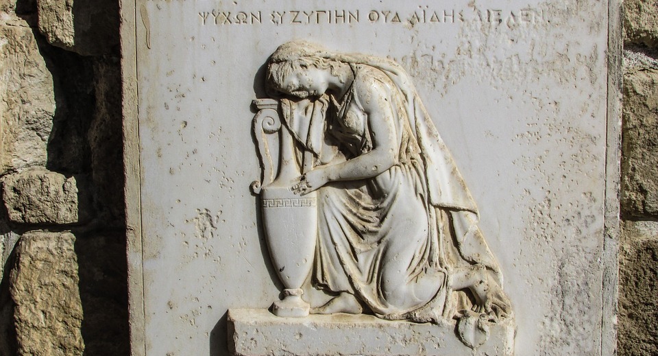 headstone, sculpture, greek sign