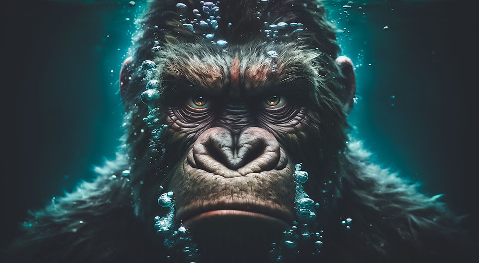 gorilla, underwater, angry