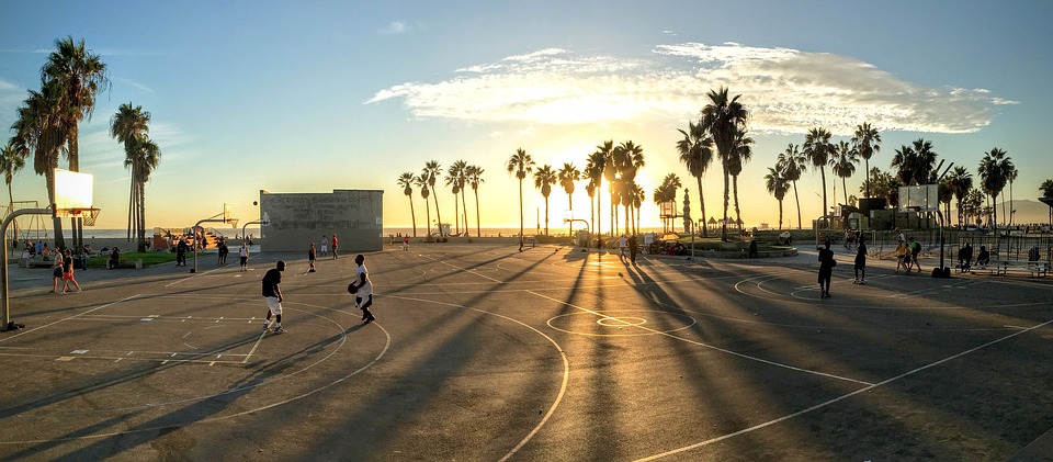 basketball, park, sunset