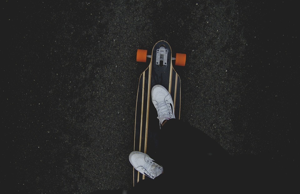 skateboard, feet, white tennis shoes